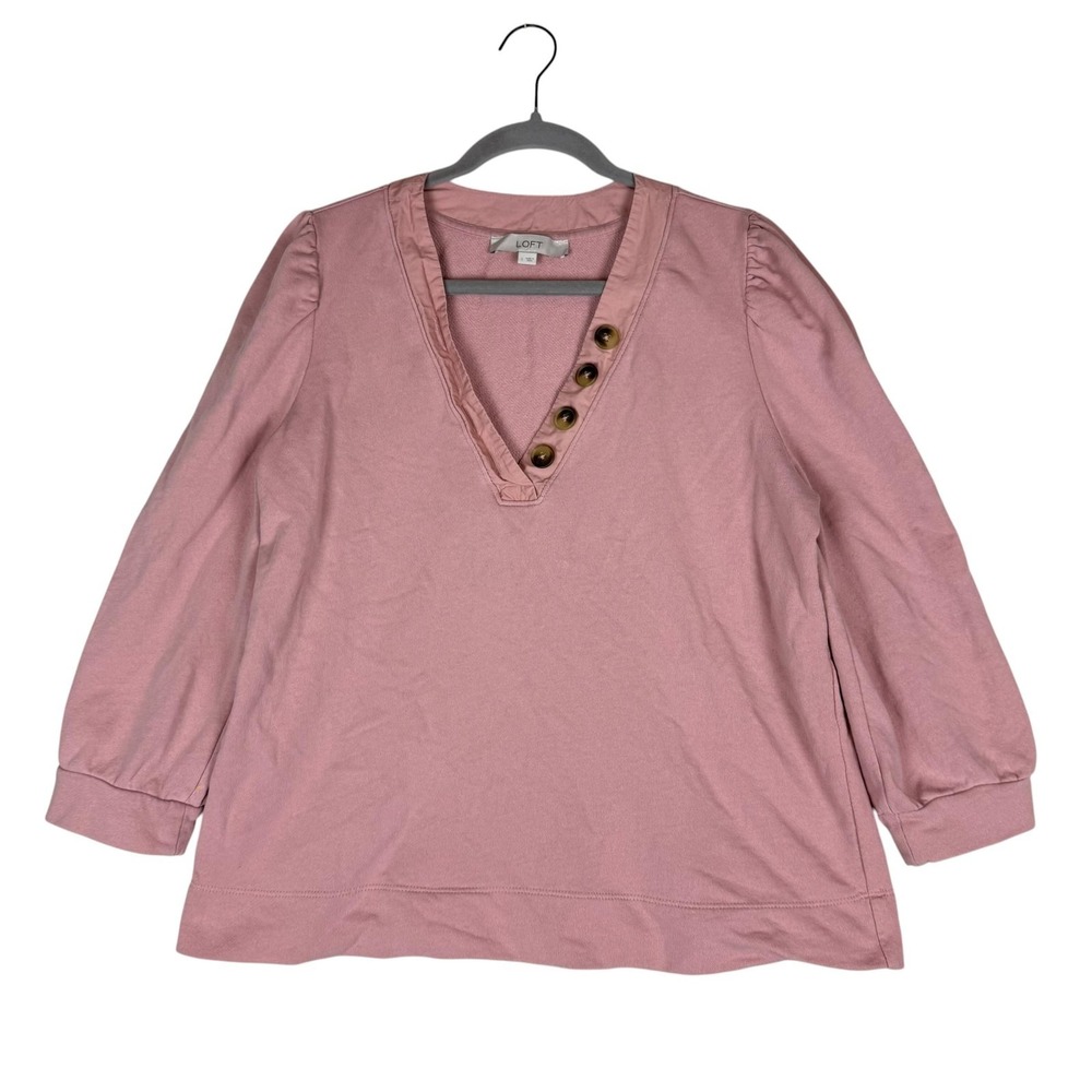 LOFT Shirt Womens Large Pink V Neck Button Detail Long Puff Sleeve Terry Top